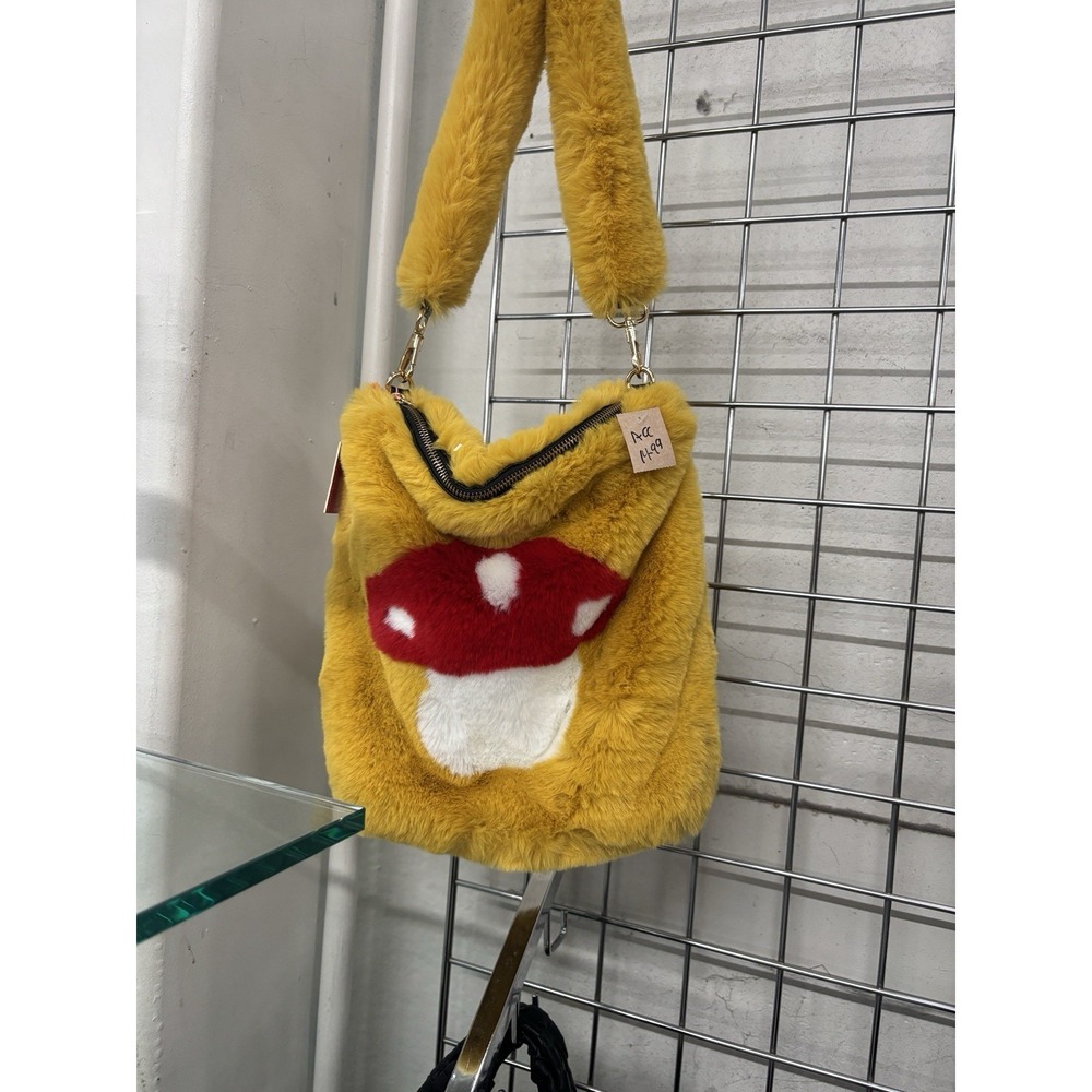 NWT Dolls Kill Mushroom Faux Fur Tote Bag Yellow Plush Shoulder Purse - Picture 4 of 6